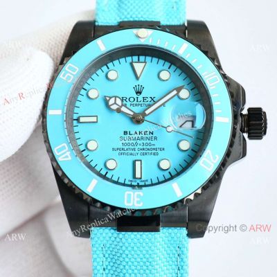 Copy Rolex Tiffffany Blue Submariner Blaken Fabric Leather Strap